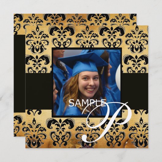 BROWN BLACK DAMASK PARKPLATZ ABSCHLUSS MONOGRAM EINLADUNG (Vorne/Hinten)