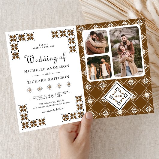 Brown Black Ukrainian Embroidery QR Code Wedding Einladung