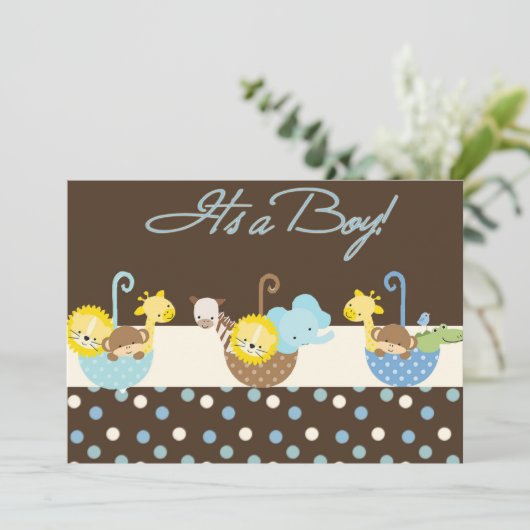 Brown Blue Baby Boy Announccard Ankündigung (Stehend Vorderseite)