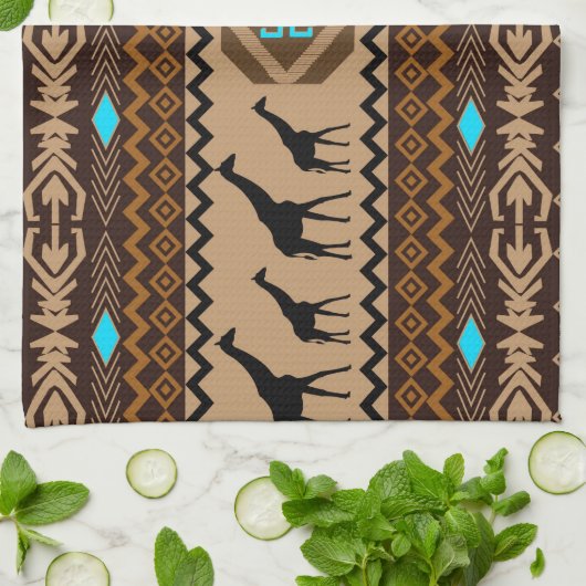 Brown Blue & Beige African Pattern & Giraffe Handtuch (Gefaltet)