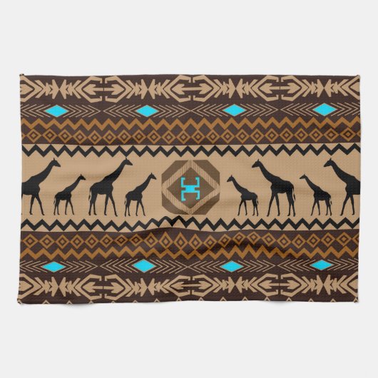 Brown Blue & Beige African Pattern & Giraffe Handtuch (Horizontal)
