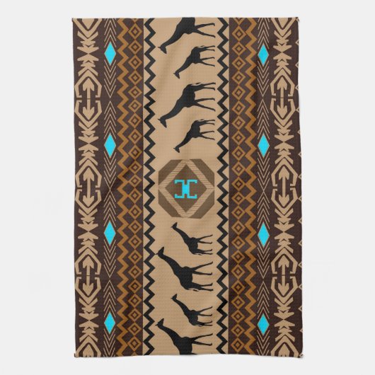 Brown Blue & Beige African Pattern & Giraffe Handtuch (Vertikal)