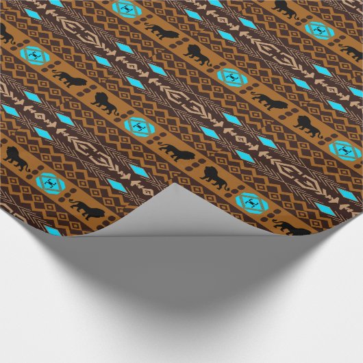 Brown Blue & Beige African Pattern & Lions Geschenkpapier (Ecke)