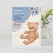 Brown Blue Boys Teddy Bear Baby Shower Einladung (Stehend Vorderseite)