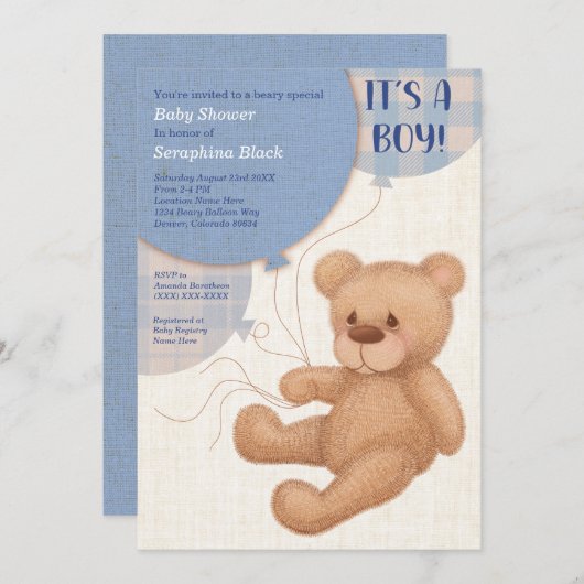 Brown Blue Boys Teddy Bear Baby Shower Einladung (Vorne/Hinten)