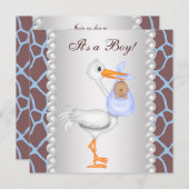 Brown Blue Giraffe Stork Baby Boy Dusche Einladung (Vorne/Hinten)