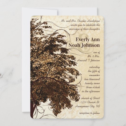 Brown Blüh Oak Tree Einladung zur Hochzeit (Vorderseite)