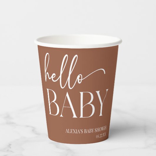 Brown Boho Bohemisch Hello Baby Dusche Pappbecher (Rückseite)
