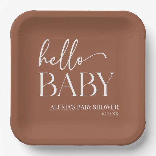 Brown Boho Bohemisch Hello Baby Dusche Pappteller (Vorderseite)