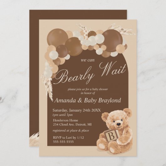 Brown Boho Pampas Grass Teddy Bear Einladung (Vorne/Hinten)