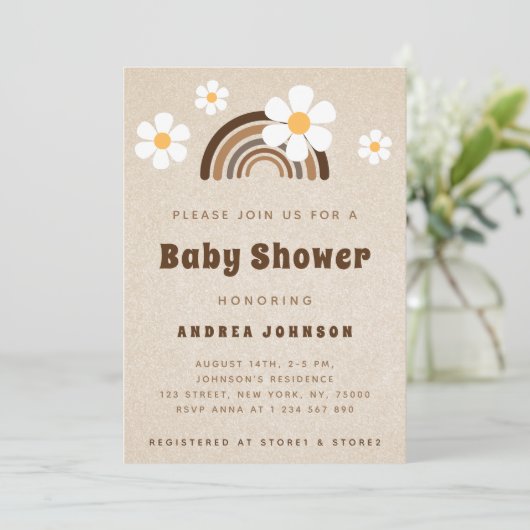 Brown Boho Rainbow & Daisy Floral Sand Baby Dusche Einladung (Stehend Vorderseite)