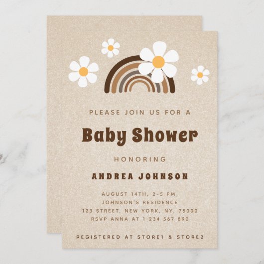 Brown Boho Rainbow & Daisy Floral Sand Baby Dusche Einladung (Vorne/Hinten)