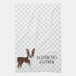 Brown Boston Terrier Cartoon Dog & Custom Text Geschirrtuch