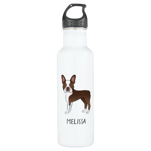 Brown Boston Terrier Cartoon Dog & Individuelle Na Edelstahlflasche (Vorderseite)