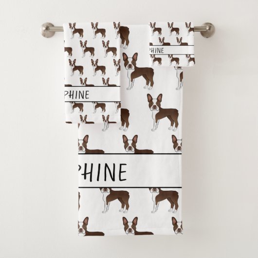 Brown Boston Terrier Cartoon Dog Muster mit Namen Badhandtuch Set (Insitu)