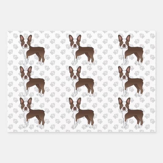 Brown Boston Terrier Cartoon Dog Pattern & Paws Geschenkpapier Set (Vorderseite 3)