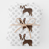 Brown Boston Terrier Cartoon Dog Pattern & Paws Geschenkpapier Set (Beispiel)