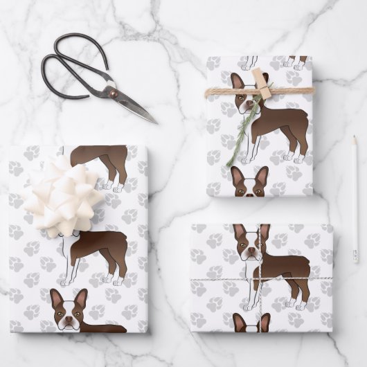Brown Boston Terrier Cartoon Dog Pattern & Paws Geschenkpapier Set (Vorderseite)