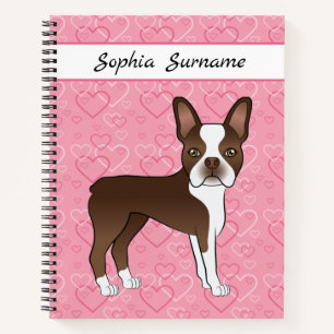 Brown Boston Terrier Dog auf rosa Herzen und Text Notizblock