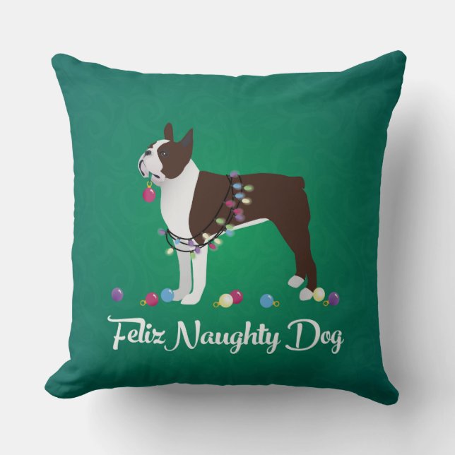 Brown Boston Terrier Feliz Naughty Dog Design Kissen (Vorderseite)