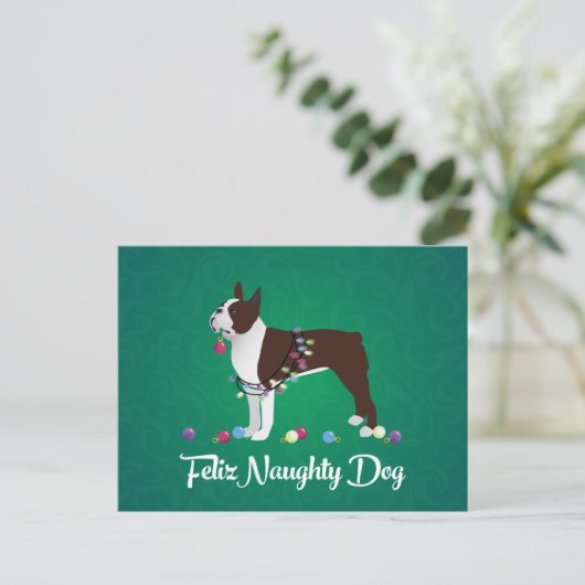 Brown Boston Terrier Feliz Naughty Dog Design Postkarte (Stehend Vorderseite)