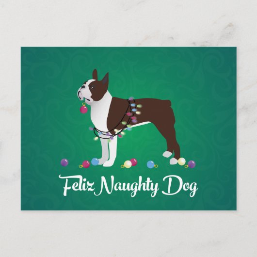 Brown Boston Terrier Feliz Naughty Dog Design Postkarte (Vorderseite)