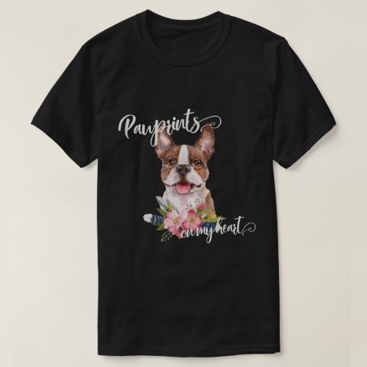 Brown Boston Terrier Geschenk mit Blume und Federn T-Shirt (Design vorne)