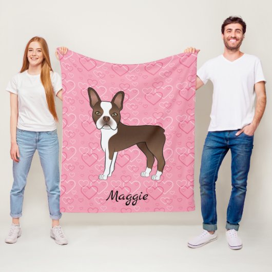 Brown Boston Terrier Hund auf rosa Herzen und Name Fleecedecke (Beispiel)