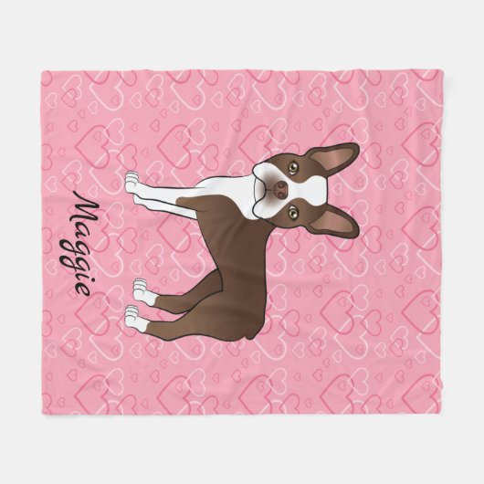 Brown Boston Terrier Hund auf rosa Herzen und Name Fleecedecke (Vorderseite (Horizontal))