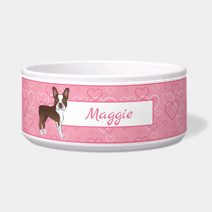 Brown Boston Terrier Hund auf rosa Herzen und Name Napf