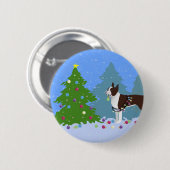Brown Boston Terrier im Weihnachtswald Button (Vorne & Hinten)