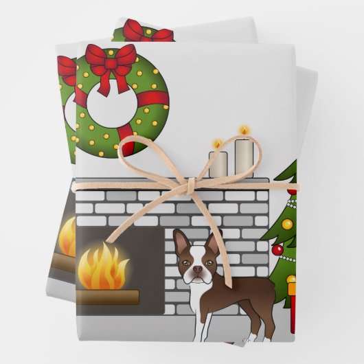 Brown Boston Terrier in einem festlichen Weihnacht Geschenkpapier Set (Beispiel)