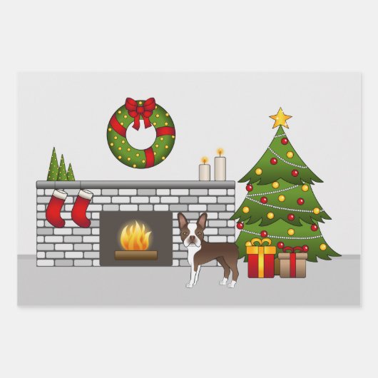 Brown Boston Terrier in einem festlichen Weihnacht Geschenkpapier Set (Vorderseite)