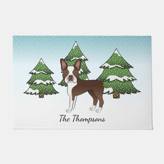 Brown Boston Terrier in einem Winterwald & Name Fußmatte (Vorderseite)