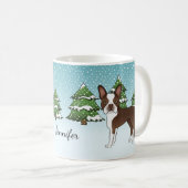 Brown Boston Terrier in einem Winterwald & Name Kaffeetasse (VorderseiteRechts)