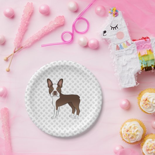 Brown Boston Terrier Niedlich Cartoon Dog & Gray P Pappteller (Party)