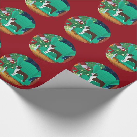 Brown Boston Terrier und das Geschenk des Weihnach Geschenkpapier (Ecke)