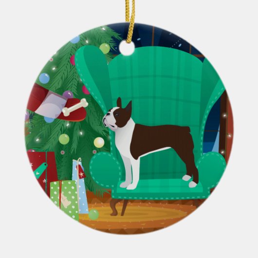 Brown Boston Terrier und das Geschenk des Weihnach Keramik Ornament (Vorne)