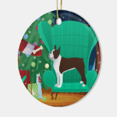 Brown Boston Terrier und das Geschenk des Weihnach Keramik Ornament (Links)