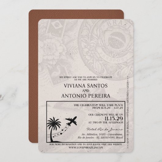 Brown Brazil Passport Wedding Einladung (Vorne/Hinten)