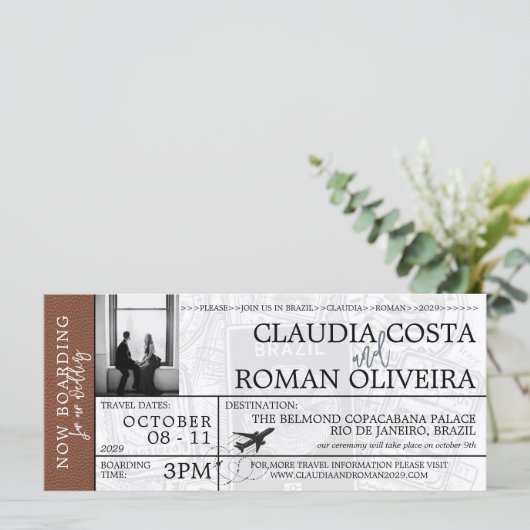 Brown Brazil Wedding Boarding Pass (Stehend Vorderseite)