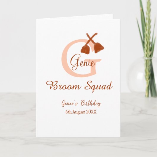 Brown broom Squad Geburtstagsname Pfirsichmonogram Karte (Vorderseite)