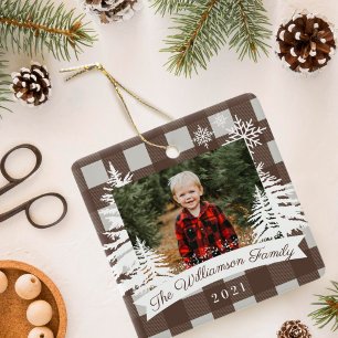 Brown Buffalo Kariert Rustic Pine Trees Family Fot Keramikornament