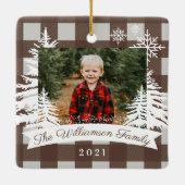 Brown Buffalo Kariert Rustic Pine Trees Family Fot Keramikornament (Rückseite)