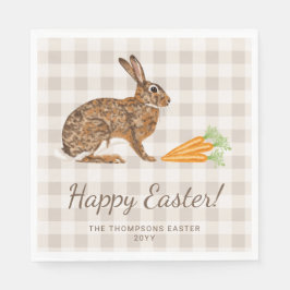 Brown Bunny Hare And Carrots Happy Easter Beige Serviette