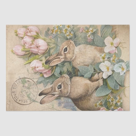 Brown Bunny Rabbit Floral Shabby French Postmark Seidenpapier (Vorderseite)