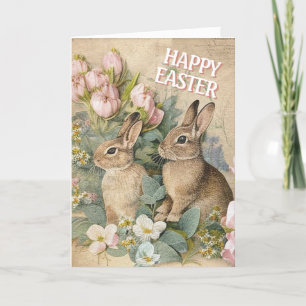 Brown Bunny Rabbit Floral Shabby Happy Oaster Feiertagskarte
