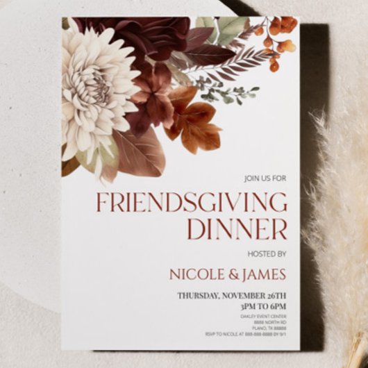 Brown Burgundy Floral Blume Friendsgiving Dinner Einladung