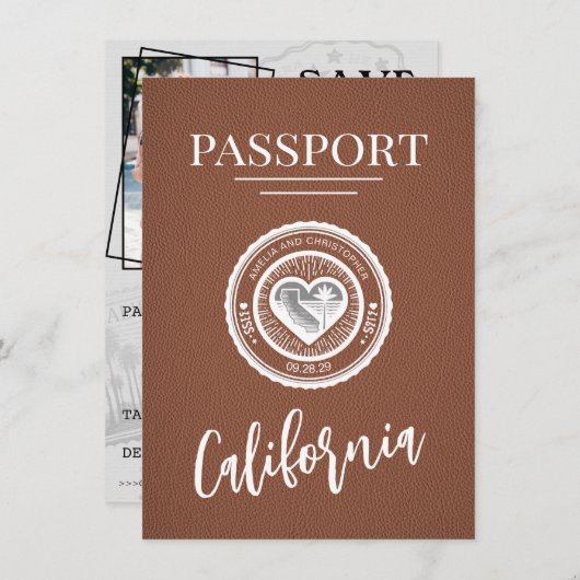 Brown California Passport Save the Date (Vorne/Hinten)
