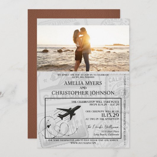 Brown California Passport Wedding Einladung (Vorne/Hinten)